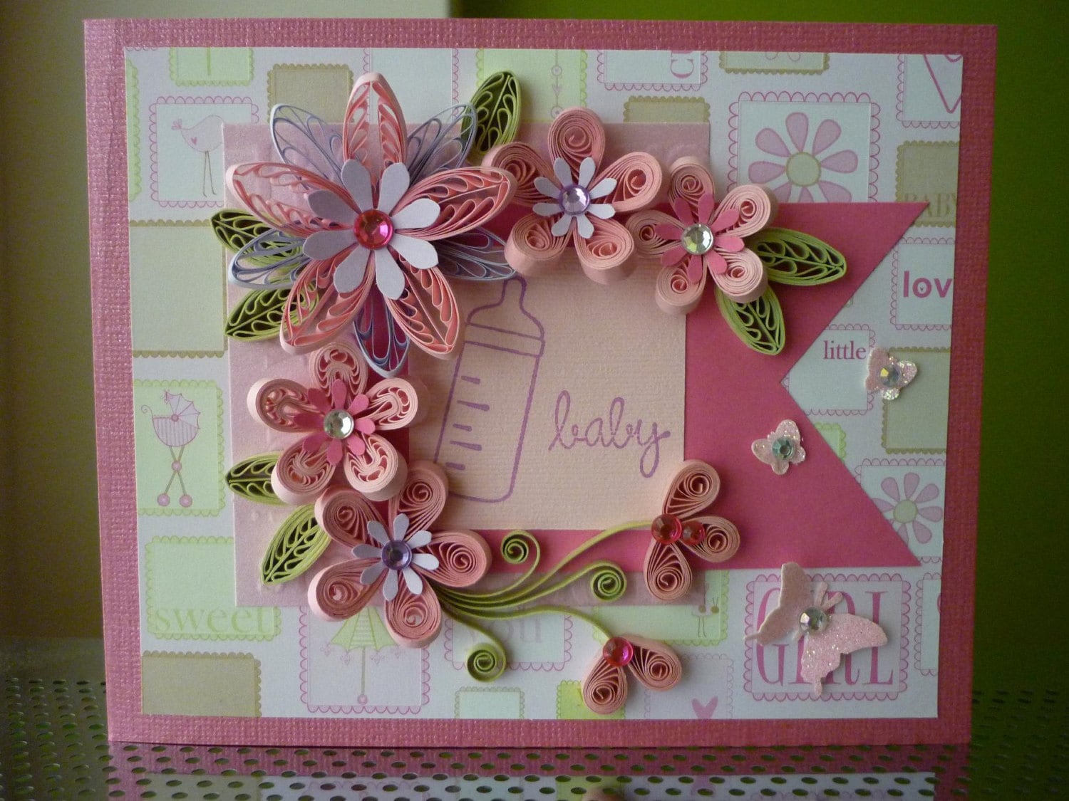 Handmade Pink Paper Quilling Baby Girl Card with