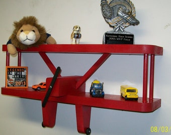 AIRPLANE / AVIATION SHELF - 18" Wide Display Shelf- Large / Wall Hanging / Optional Coat Hooks / Kids' Rooms