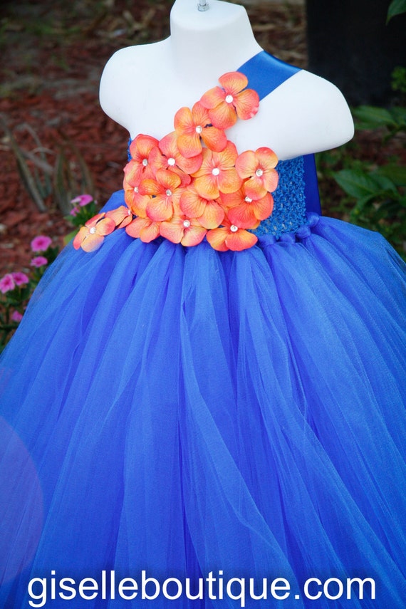 Royal Blue and Coral Flower TuTu Dress. Wedding. Birthday. Flower girl dress.