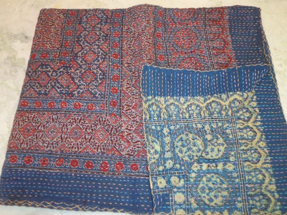 kantha throw handmade block print vegetable dyes in queen size