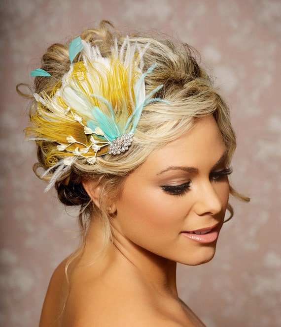 Mustard Yellow Bridal Head Piece Peacock Feather Wedding Hair
