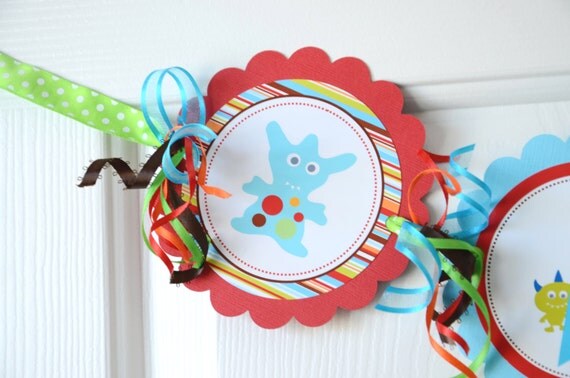 Monster Name Banner, Monster Banner, Birthday Party, Monster Theme, Red, Brown, Turquoise, Orange and Lime Green Il_570xn