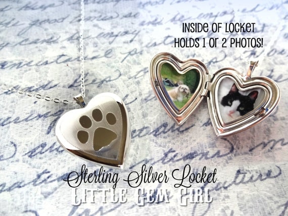 Custom Photo Heart Pet Locket 925 STERLING SILVER Paw Print