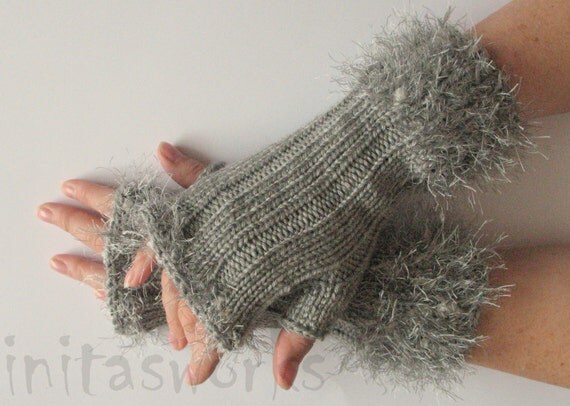 Fingerless Gloves Gray Arm Warmers Mittens 9 inch Knit, Wool Acrylic