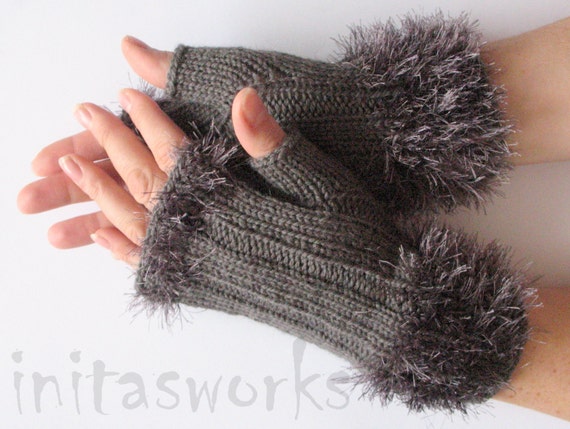 Fingerless Gloves Gray Arm Warmers Mittens 8 inch Knit, Wool Acrylic