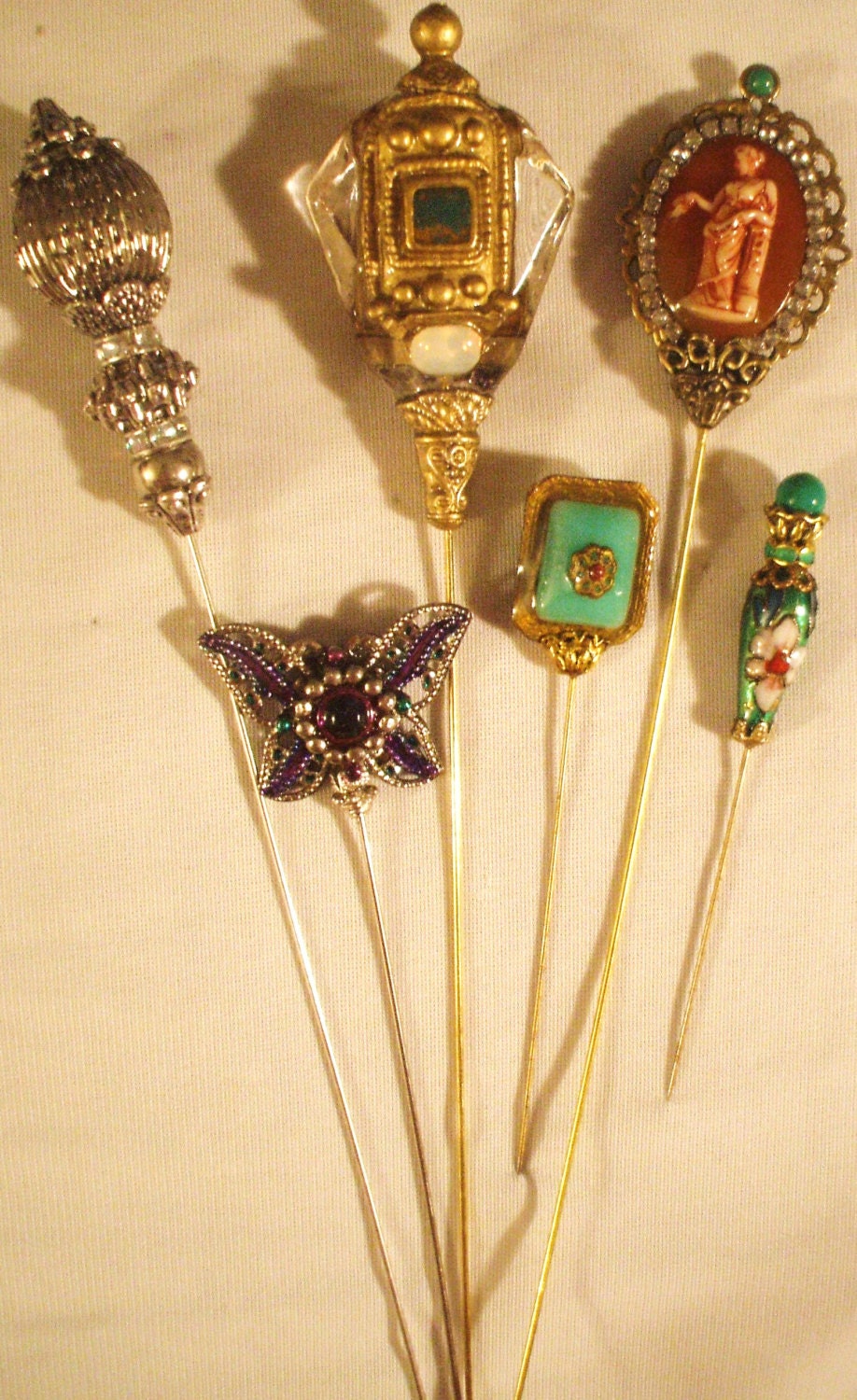 6 Antique style hat pins with vintage and antique pieces