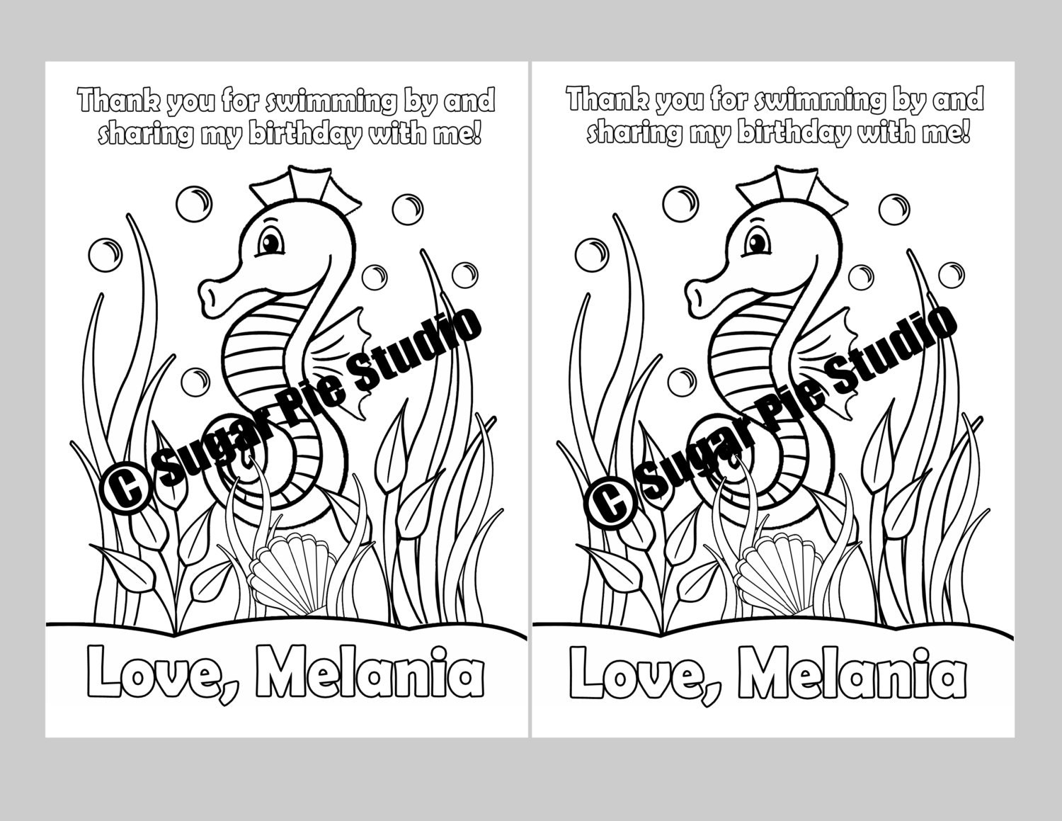 Printable 5x7 Thank you coloring card Seahorse Under the sea