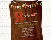 Rustic Christmas Baby Boy Shower Invitation B is for Boy Red and Green Printable Invite Il_170x135