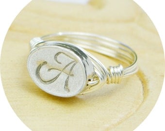 Personalized Monogram Ring-Sterling Silver Filled Wire Wrapped Ring with Any Initial Pewter Bead-Any Size 4, 5, 6, 7, 8, 9, 10, 11, 12,13,14