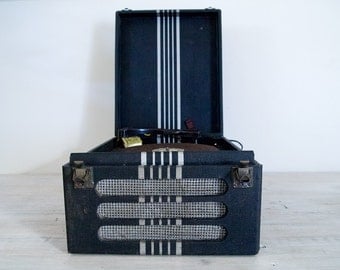 vintage black and white portable electric record player, decor only
