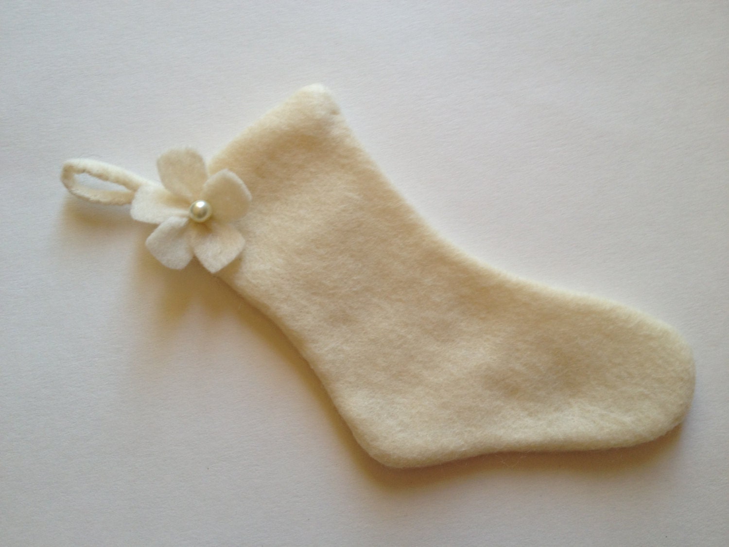 Christmas Stocking Beige Felt Pearl Flower Ornament Favor Tag Gift Tag Decoration Handmade Baby