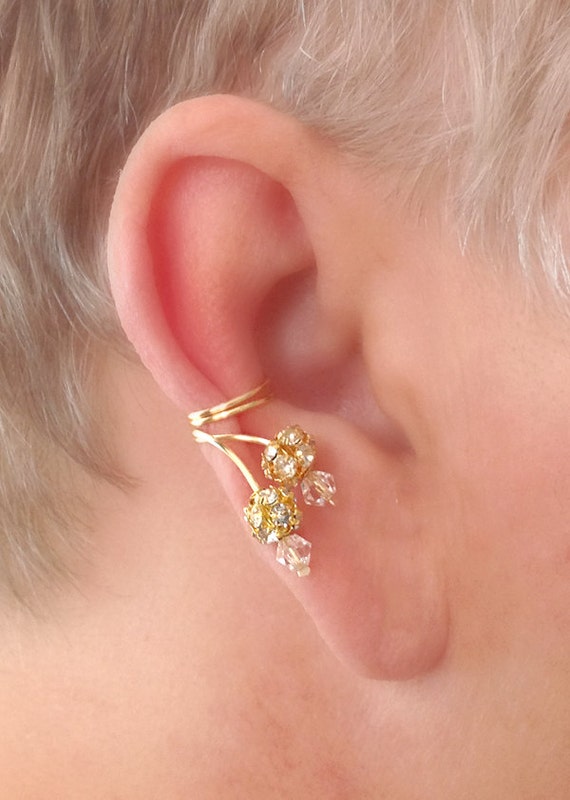 Ear Cuff Pair Faceted Crystal and Rhinestone Ball Holiday