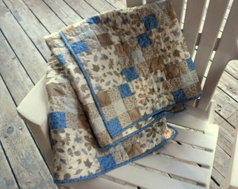 Blue and Tan Quilt, Woodland Quilt, 9 Patch Quilt, Leaves and Acorns Quilt, Floral Quilt, Blue Quilt, Tan Quilt