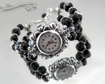 Black crystal watch, black wrist watch, bracelet watch, bead watch, onyx watch, black birthstone watch, adjustable watch, ladies watch, goth