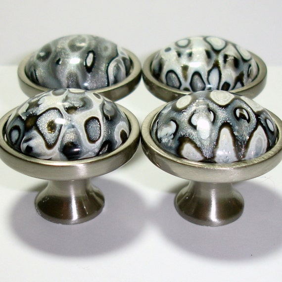 Set of 4 Cabinet Knobs in Silver Gray Black & White Unique