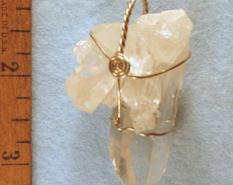 Clear Rainbow Quartz Crystal Cluster with Fairy Frost & Dust Wire Wrapped Pendant