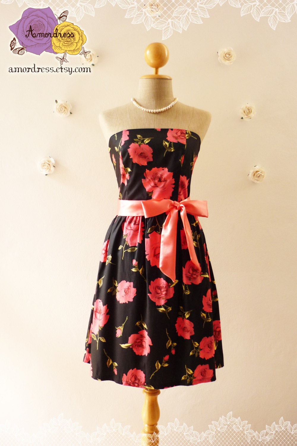 Floral Party Dress.. Black with Pink Rose Gorgeous by Amordress