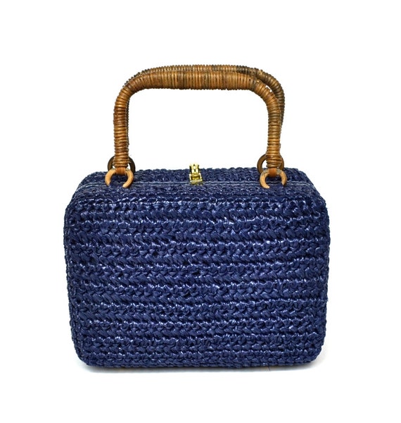 Vintage 50s Navy Straw Mini Bag Vtg Blue Raffia by StarletsVintage