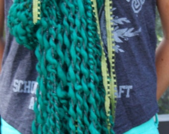Hand Knit Scarf in Green, almost aqua, Super Soft Handspun Wool Yarn with Green Ribbons