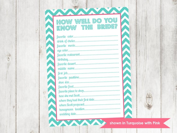 Bridal Shower Game - Printable Shower Themed Chevron Know the Bride Game - Colors Customizable Il_570xn