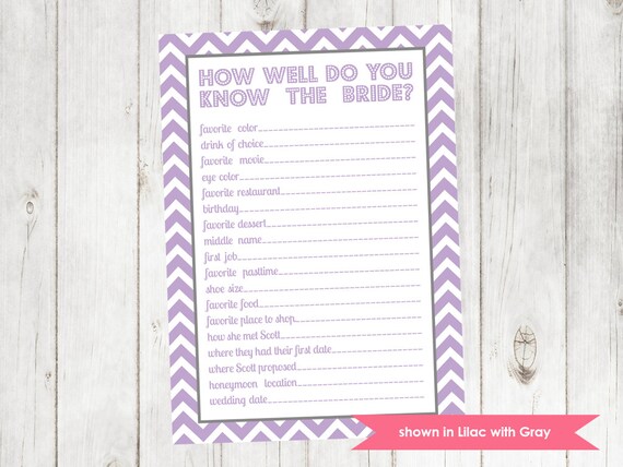Chevron Bridal Shower Game - Shower Themed Printable Know the Bride Game - Colors and Text Customizable Il_570xn