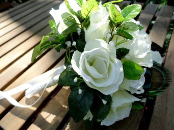 White Rose Floral Bouquet with Natural Peacock Feathers