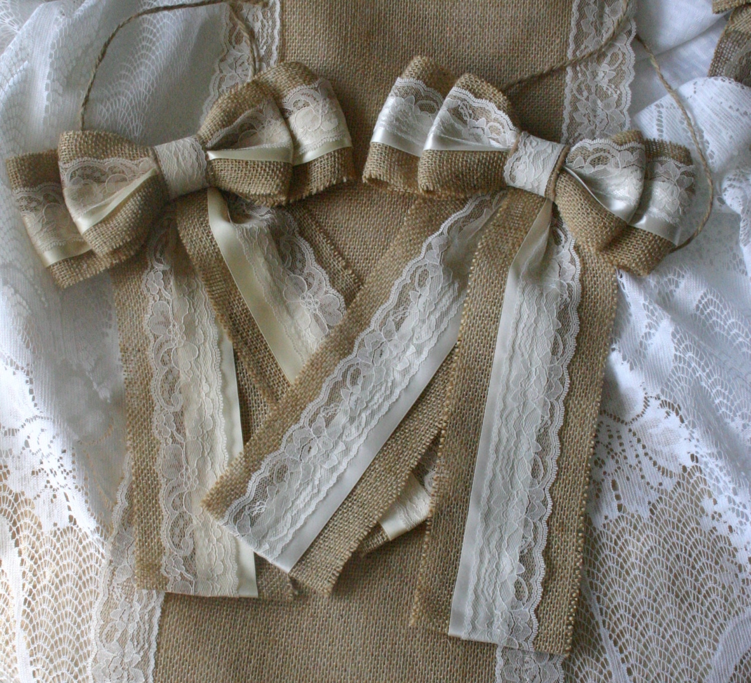 Burlap and lace wedding pew bows wedding chair bows Country