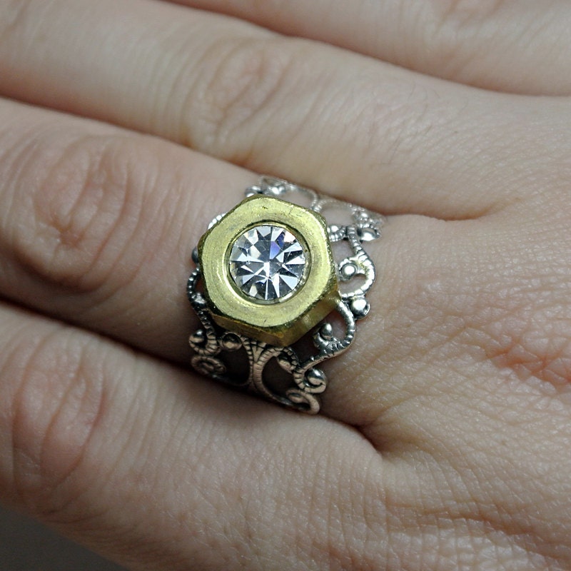 Hex Nut Ring with Swarovski Crystal Stainless Steel or Brass