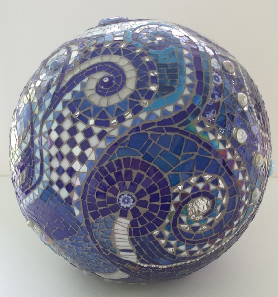 mosaic orb blue gazing ball garden terracotta stained glass