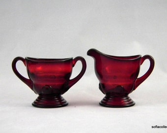 New Martinsville Moondrops Pattern Ruby Glass Cream and Sugar Set - Vintage 1930s New Martinsville Glass