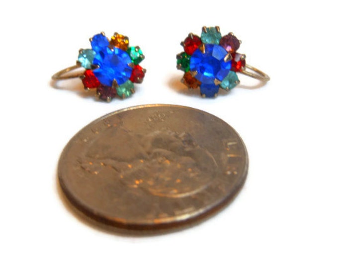 FREE SHIPPING R.L. Griffith earrings, sterling silver, multi-colored, prong set rhinestone earrings, signed and marked sterling