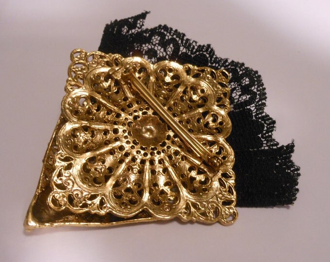 FREE SHIPPING Spanish sconce fan brooch 1980s, black lace gold sconce brooch or pocket handkerchief pin