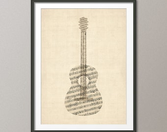 Acoustic Guitar Old Sheet Music Collage, Guitar Poster, Art Print (523)