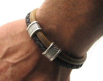 EXPRESS SHIPPING Men's Bracelet. Men's Leather Bracelet .Leather bracelets.Bracelet with silver plated spacer and clasp.Gift for dad husband