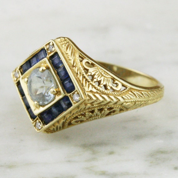 Vintage 14k Gold Aquamarine Diamond Sapphire Engagement Ring