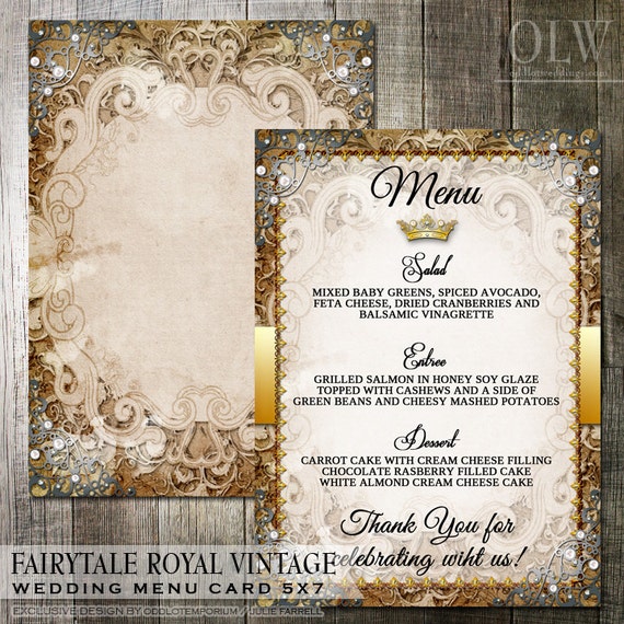 Vintage Fairytale Royal Wedding Reception Menu Digital File