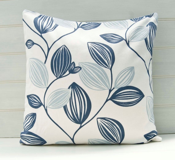 Cushion Cover Blue and White Leaves Made in UK by GreenCallow