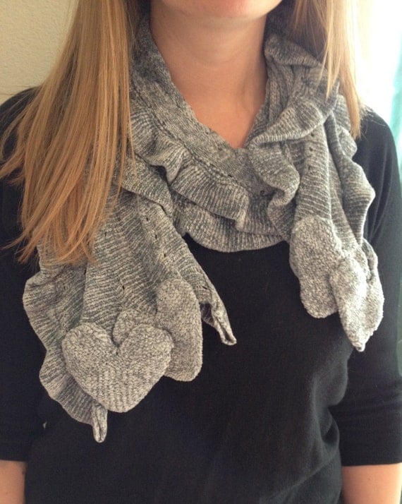 Chenille Grey Knit Ruffled Scarf with Hearts by AshHopeStudio