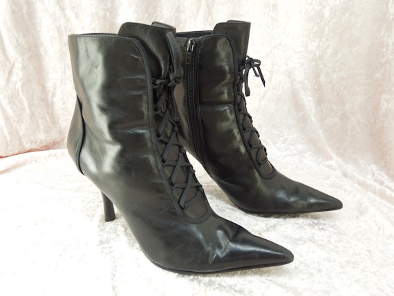 Nine West Leather Lace up Ankle Boots Pointy Toe Granny Witch