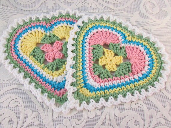 Heart Crochet Dishcloth Washcloth set of two 100% cotton pink