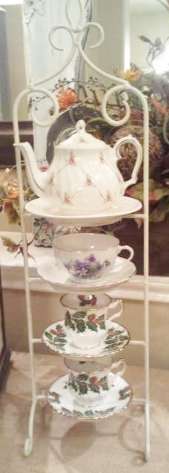 Tea cup holder 4-tier metal tea cup stand shabby chic tea