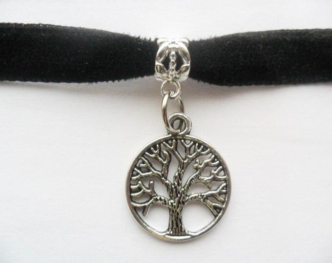 Velvet choker with tree of life pendant and a width of 3/8” Black Ribbon Choker Necklace (pick your neck size)