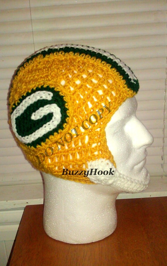 Crocheted ADULT Unisex Hat Helmet Green Bay Packers Colors.