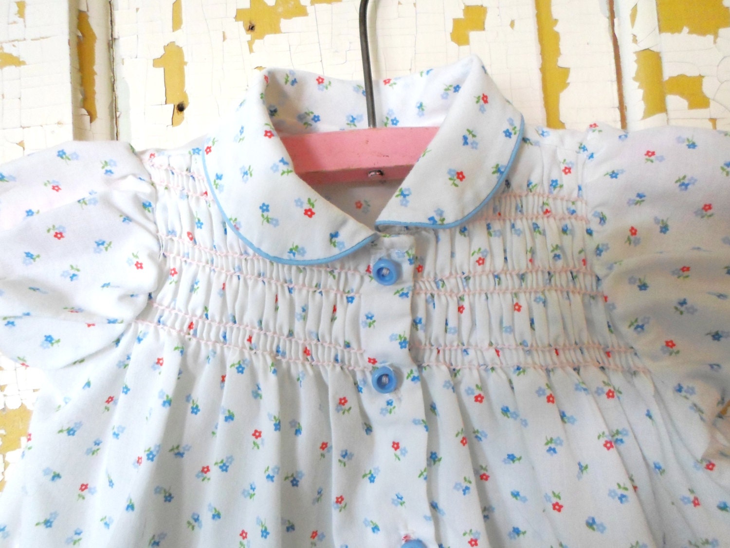 Vintage White Blue And red Calico Flower Smocked Dress Baby
