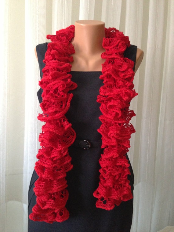 Red Ruffled Scarf Hot Red Neck Warmer Accessories Gift