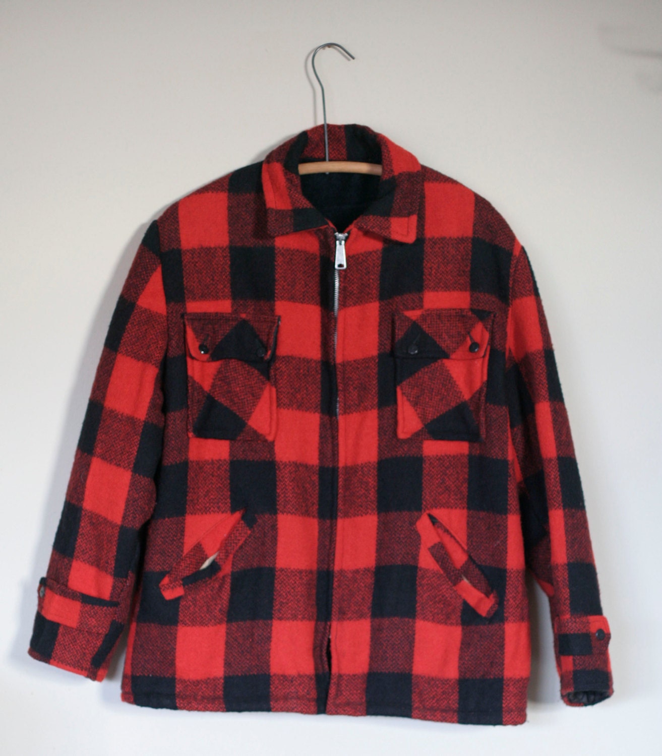 vintage wool red and black buffalo check winter jacket size M