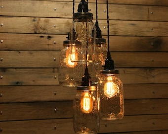 5 Jar Pendant Light - Mason Jar Chandelier Light 3' Hang Down- Quart Mason Jar Hanging Pendant Light - Black Canopy Black Twisted Cloth Cord