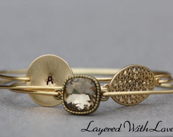 Smoky Topaz Bangle Set- Gold Bangle Bracelet Set- Bangle Set- Personalized Custom Bangle- Initial Jewlery- Bridesmaids Gift Ideas- Gold