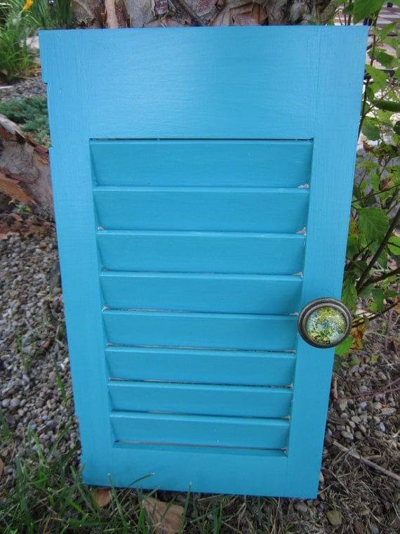 Old Shutter Jewelry Holder or Key Holder Teal Blue with Map inspired Drawer Pull/Knob.  Earring holder