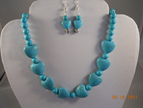 9" Turquoise Heart Bead Necklace with Matching Earrings